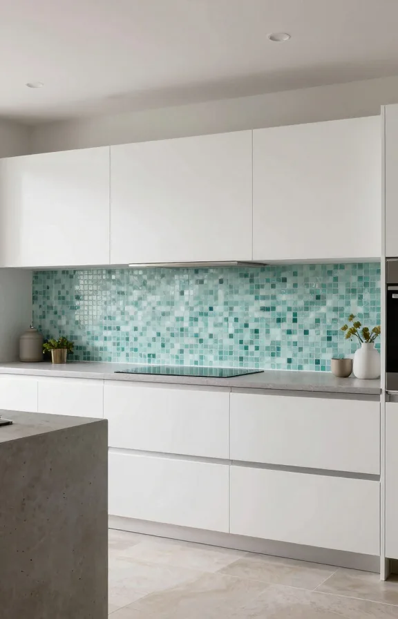 Modern kitchen interior with soft aquamarine sea glass mosaic backsplash