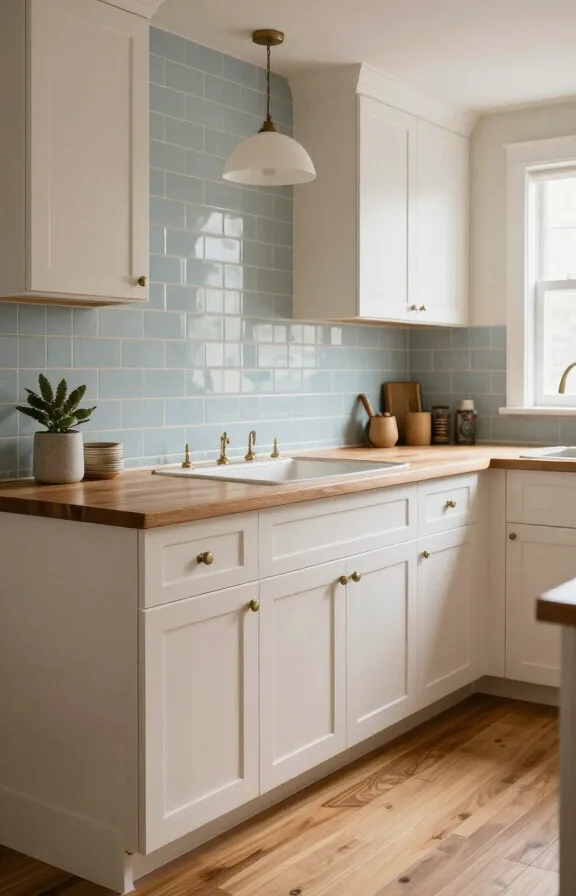 Traditional kitchen with pale blue subway tile backsplash