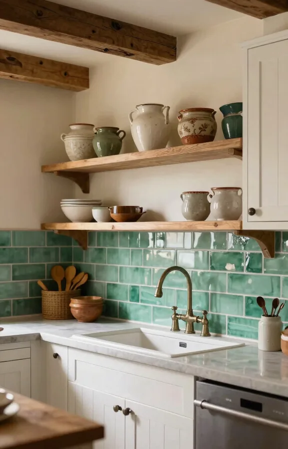 Farmhouse kitchen featuring seafoam green handmade sea glass tiles on backsplash