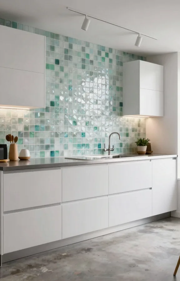 Kitchen with frosted glass sea glass mosaic backsplash creating depth and texture