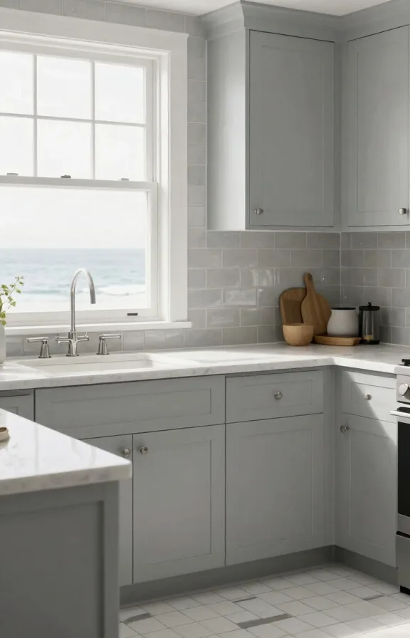 Coastal kitchen with soft gray sea glass subway tile backsplash