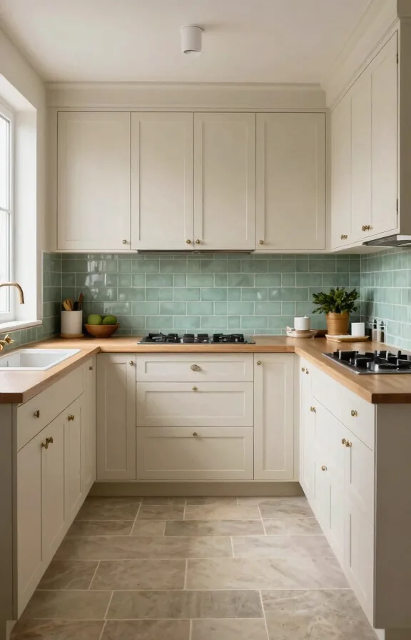 Transitional kitchen showing pale green sea glass tiles as backsplash