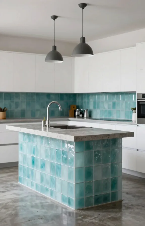 Contemporary kitchen island with frosted turquoise sea glass tile backsplash behind it
