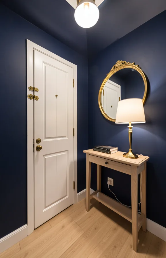 Angled shot of compact entry with deep navy blue painted walls