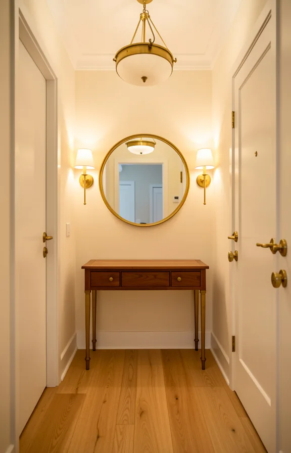 Full shot of small foyer with cream walls