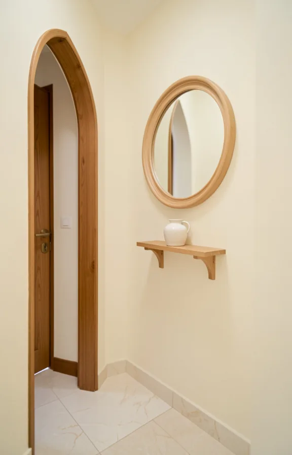 Angled view of compact entry with soft cream painted walls