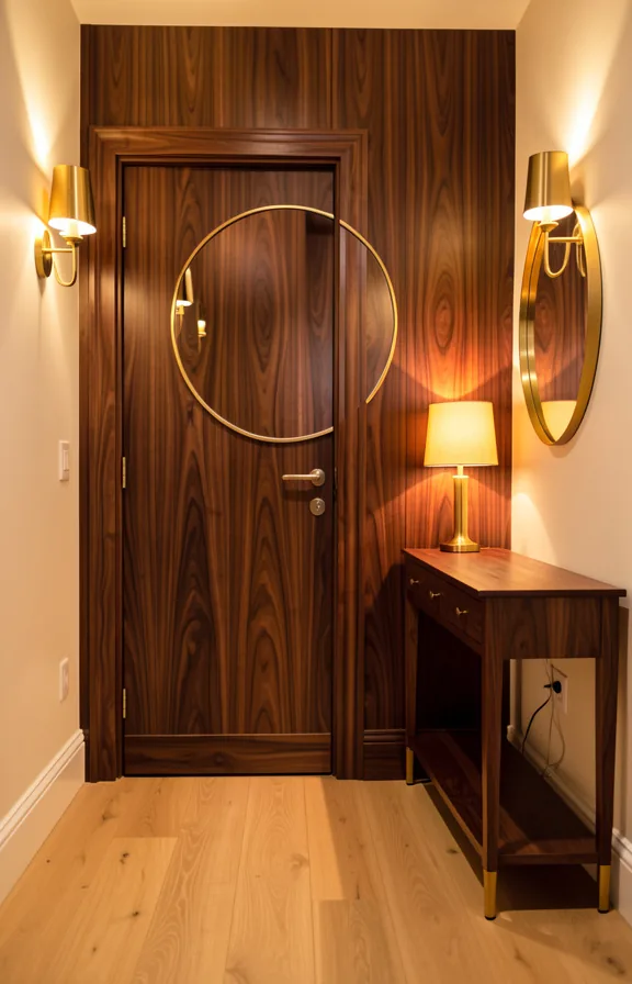 Full entryway shot with rich dark walnut wood paneled accent wall behind door