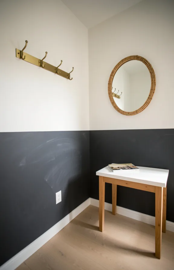 upper half soft white, light wood flooring, mounted brass hooks