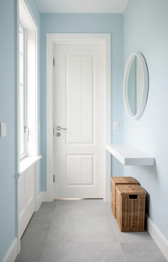 Full shot of compact foyer with pale soft blue walls