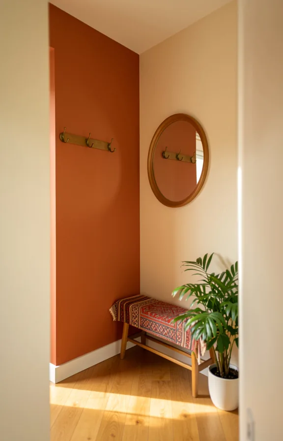 Angled entry view with warm rust orange accent wall
