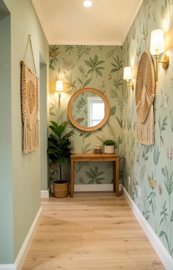 Full foyer view with soft sage green walls with botanical wallpaper pattern