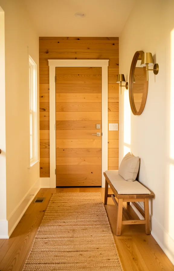 Full entryway view with warm honey wood plank accent wall behind door