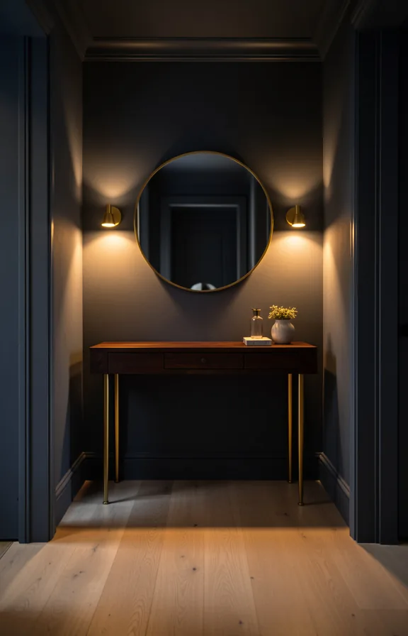 Full entryway view with deep charcoal gray walls