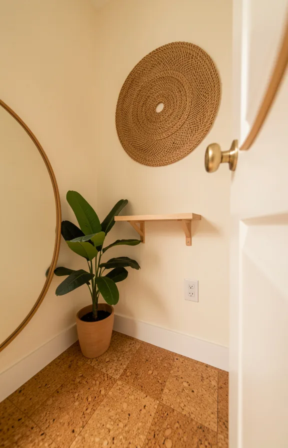 Angled shot of compact entry with natural cork flooring texture visible underfoot