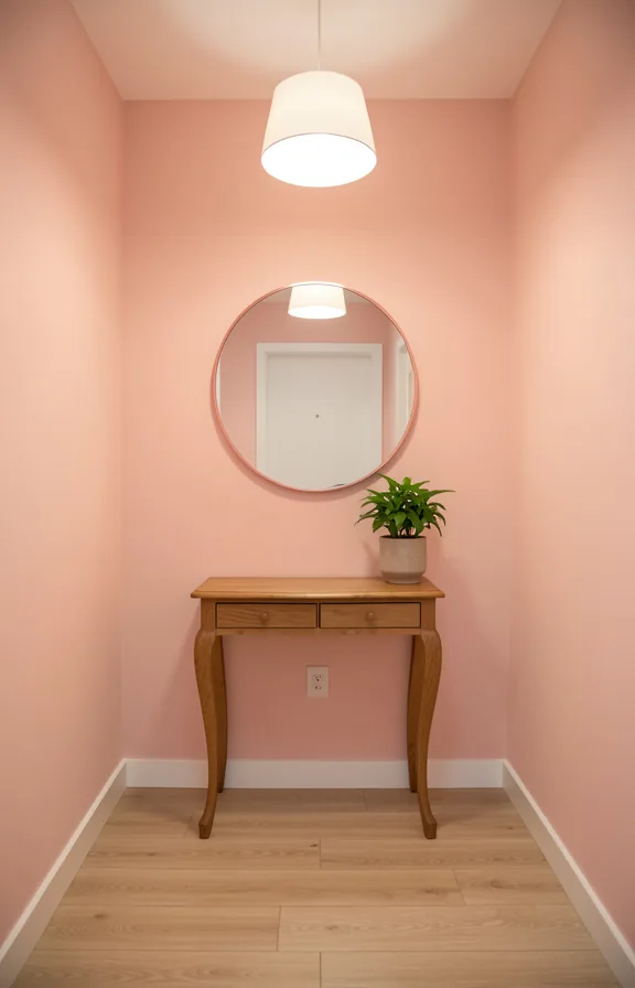 Full view of small foyer with soft blush pink walls