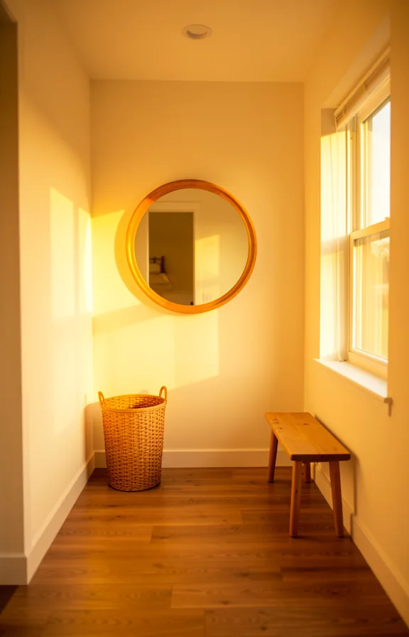 warm wood flooring, round mirror with natural wood frame reflecting golden sunlight
