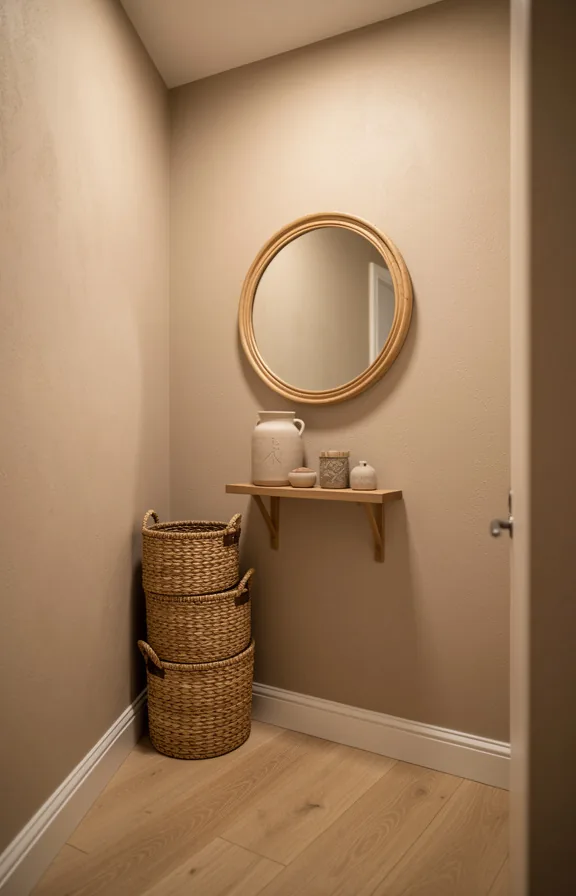 Angled shot of compact foyer with layered neutral palette