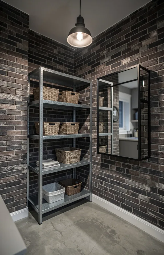 Angled shot of compact entry with exposed dark brick on one accent wall