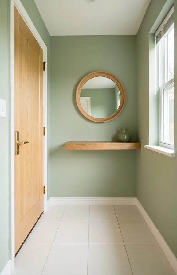 Full view of small foyer with soft sage green painted walls