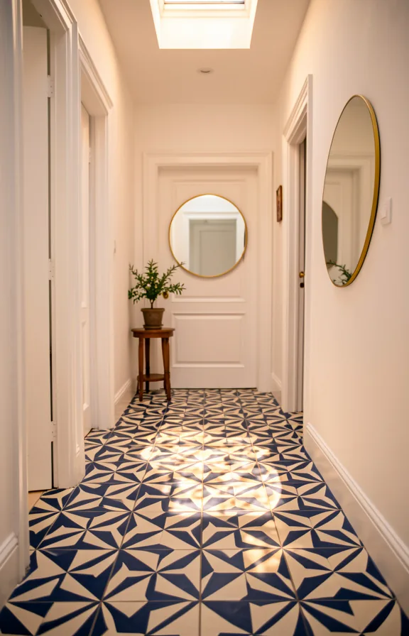 white walls, white wooden door trim, small wooden side table with decorative potted plant