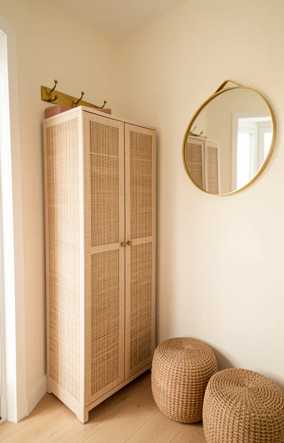 Angled view of compact entry corner with soft cream walls