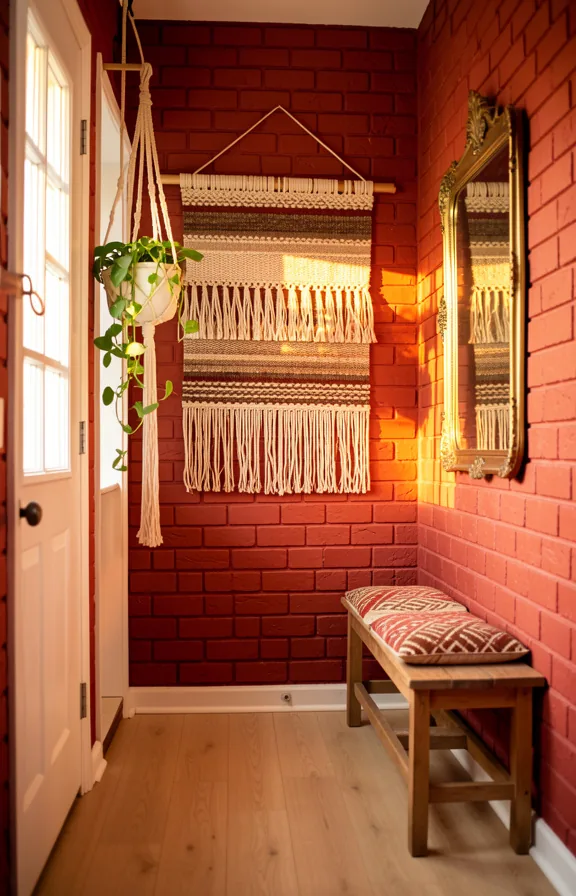 Full entryway view with rich brick red painted walls