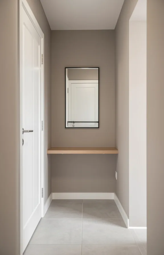 light gray tile flooring, white wooden door with stainless steel handle