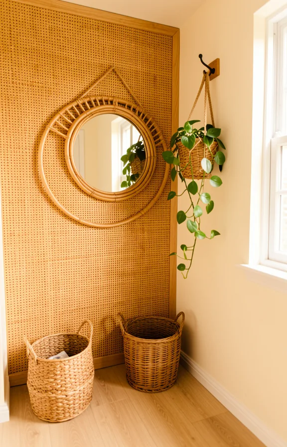 Full view of small foyer with natural rattan accent wall
