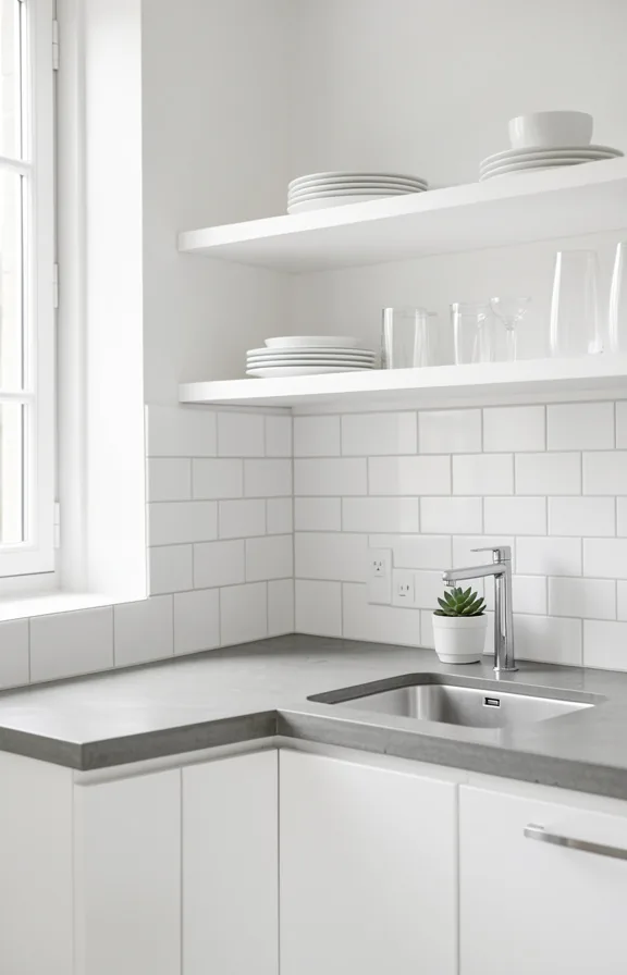 Waist-level view of minimalist kitchen with pure white cabinetry