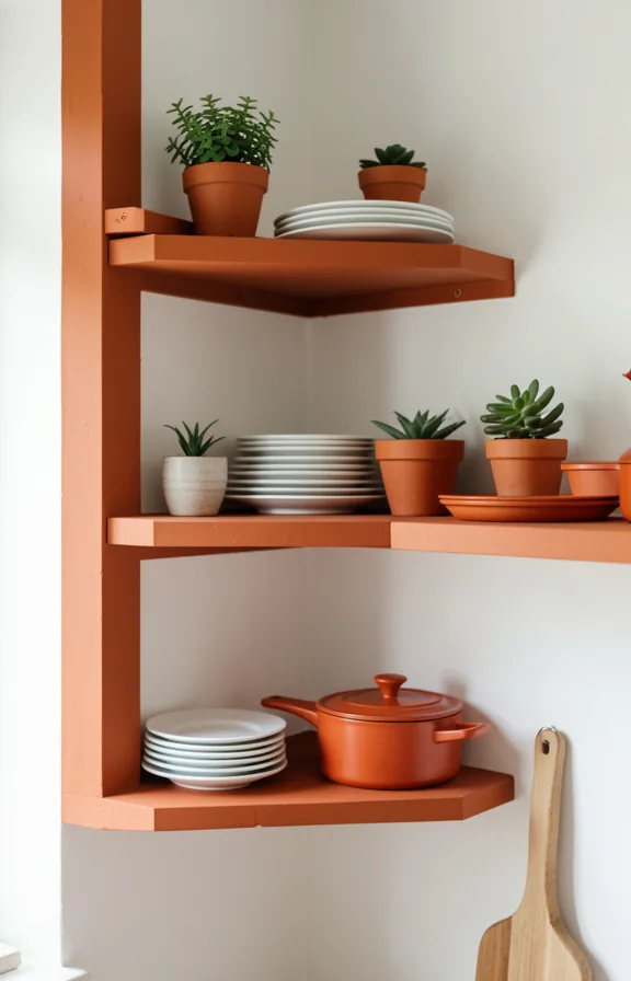 Waist-level shot of kitchen corner with terracotta open shelving unit or painted shelves in warm