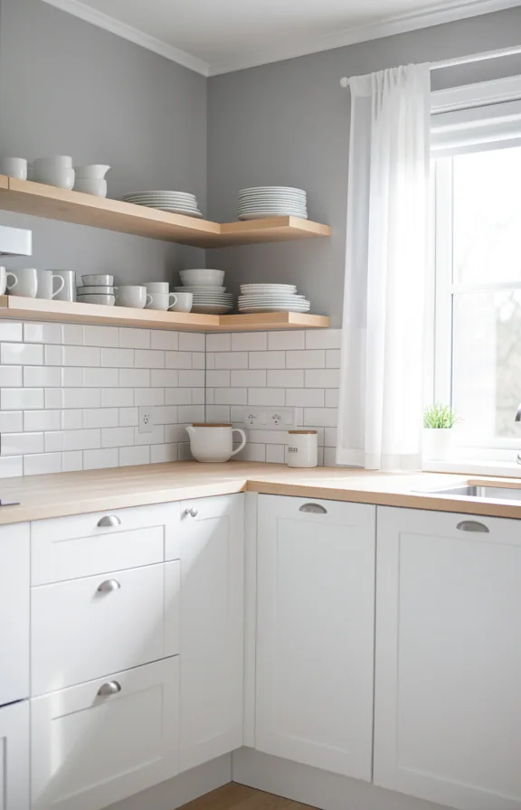 Full Scandinavian kitchen layout at waist level with all-white cabinetry