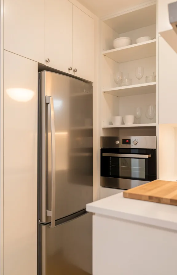 Waist-level view of compact kitchen featuring stainless steel refrigerator and oven standing agai