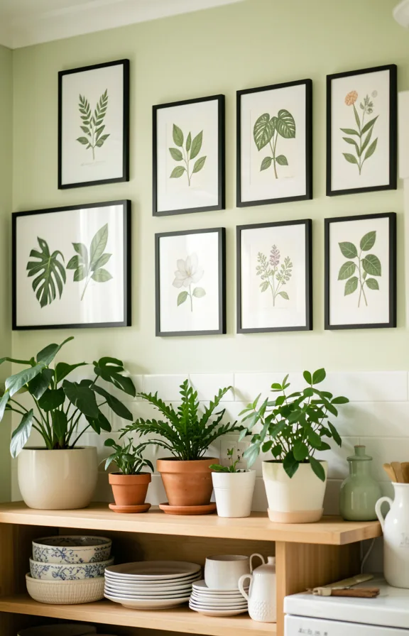 Kitchen wall at chest height displaying gallery of botanical prints in simple black frames