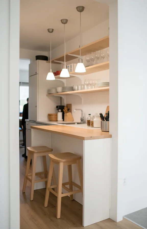 Angled view of small galley kitchen opening into adjacent space with low counter bar separating z