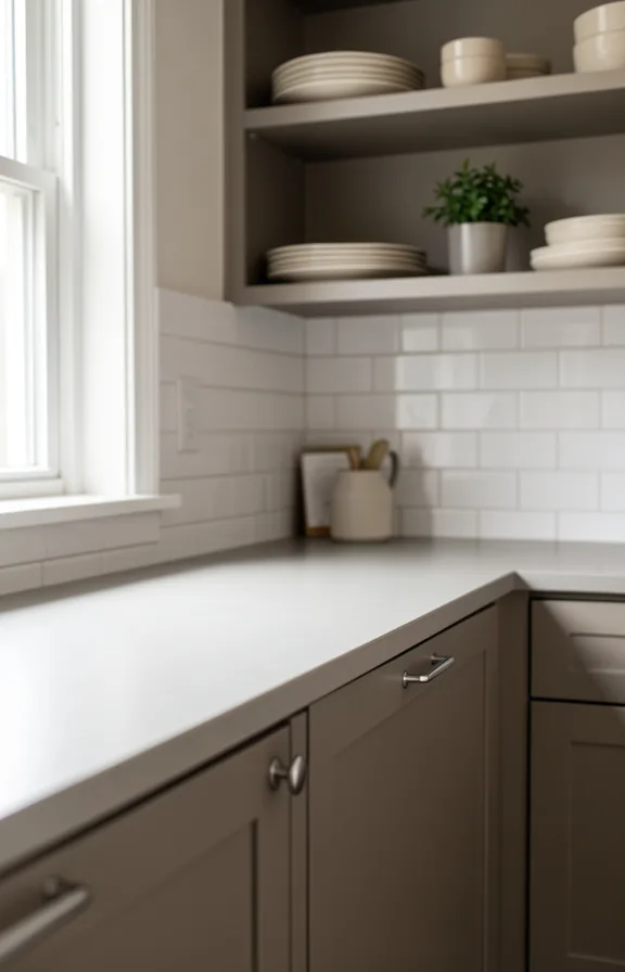 Waist-level kitchen shot with warm gray painted cabinetry