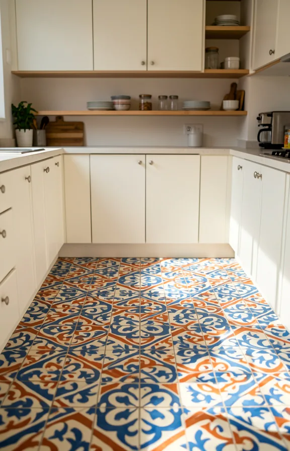 Full kitchen floor to counter view showing ornate patterned ceramic floor tiles in blue and white