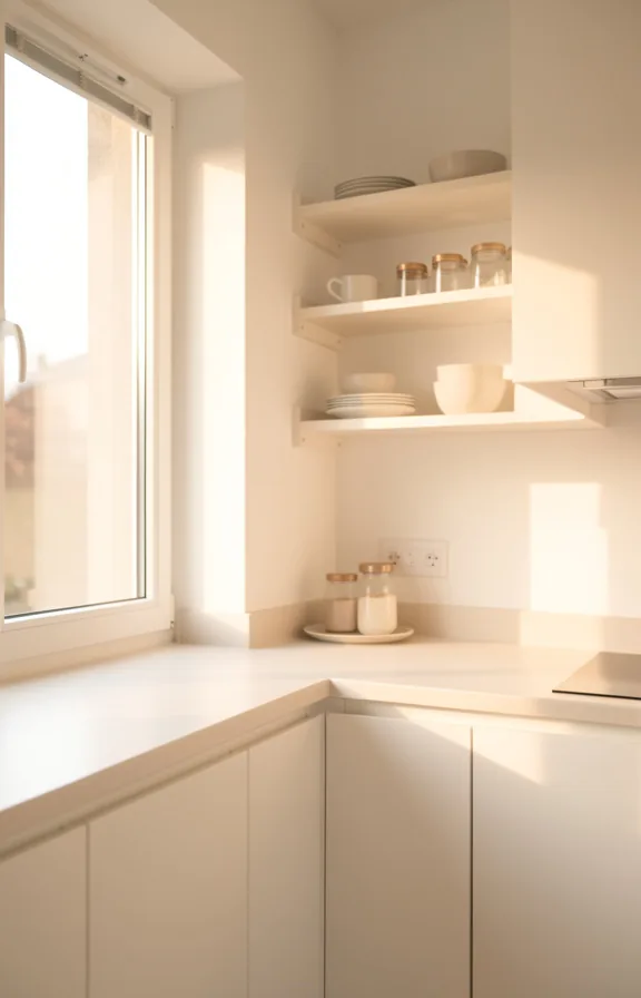 Bright kitchen at waist level with generous window framing soft natural light across white walls