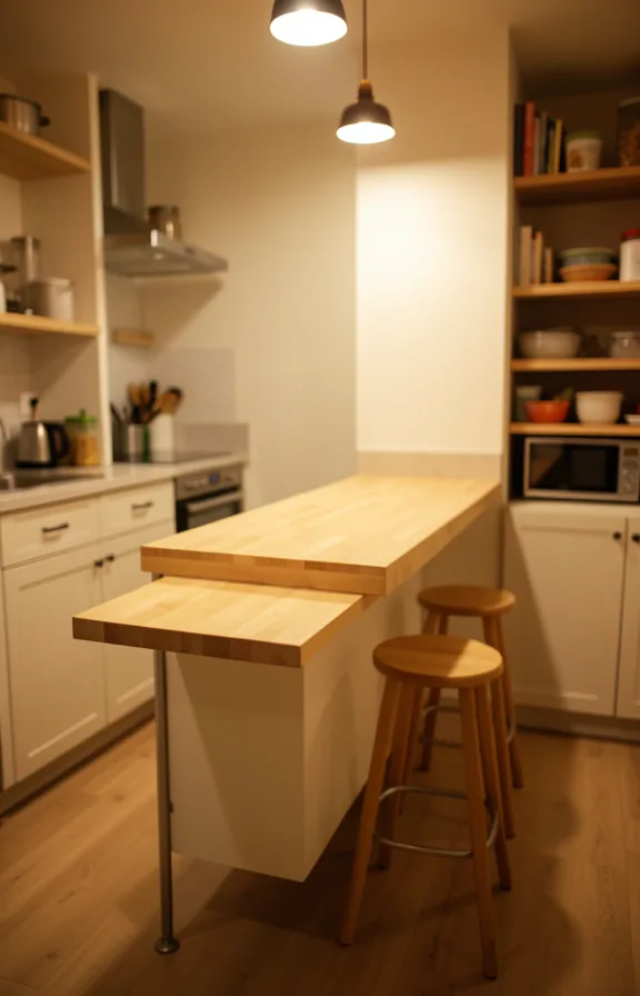 Angled view of small kitchen with narrow island or floating counter serving dual purpose as prep