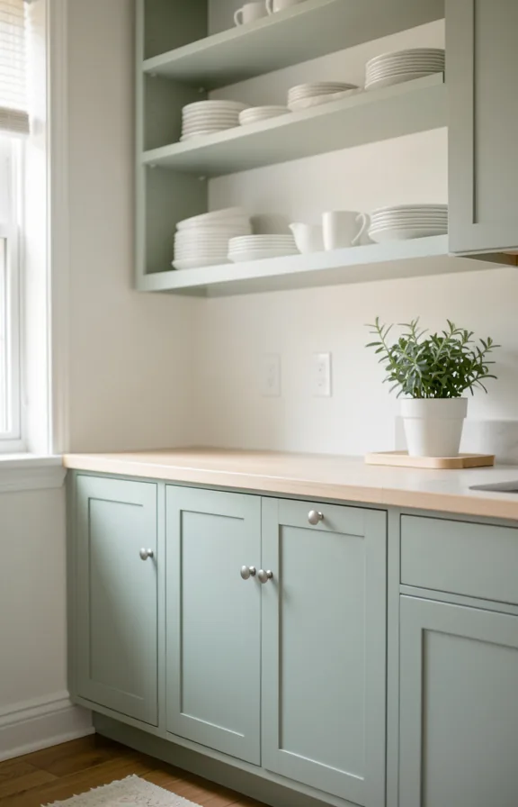 Waist-level shot of kitchen cabinetry freshly painted in soft sage or blue-gray