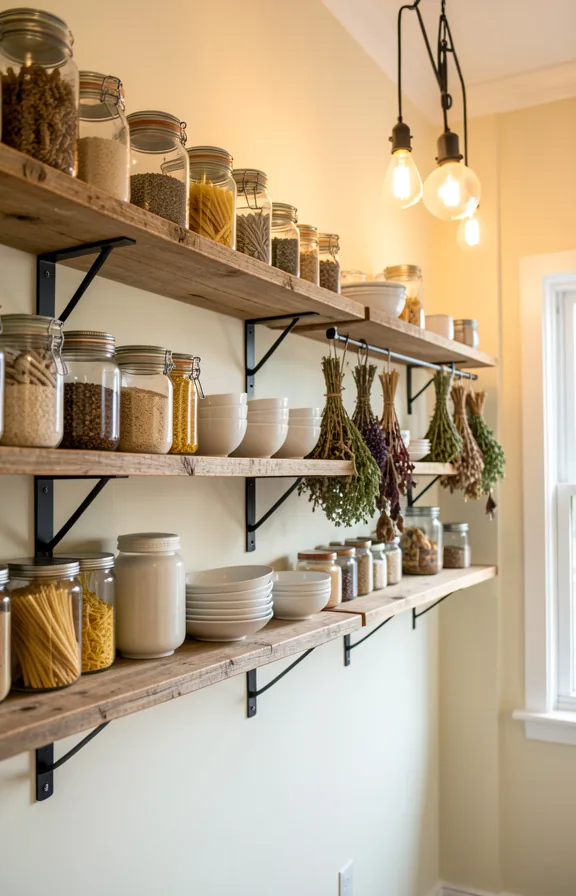 weathered wood floating shelves displaying glass jars filled with grains and pasta