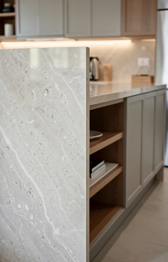 Counter-level view of kitchen counter with waterfall edge countertop in cream or gray stone desce