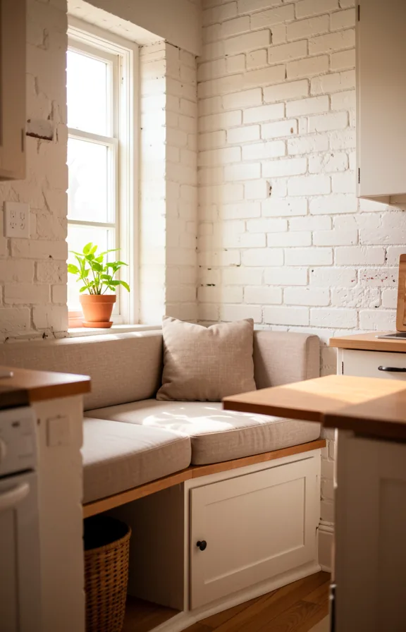 Window seat alcove built into kitchen corner with window above