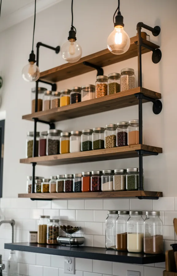 Kitchen wall at chest height with industrial open shelving in dark metal or black pipe framework