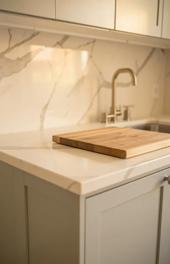 Waist-level kitchen counter shot with cream or soft white marble countertop showing natural veining