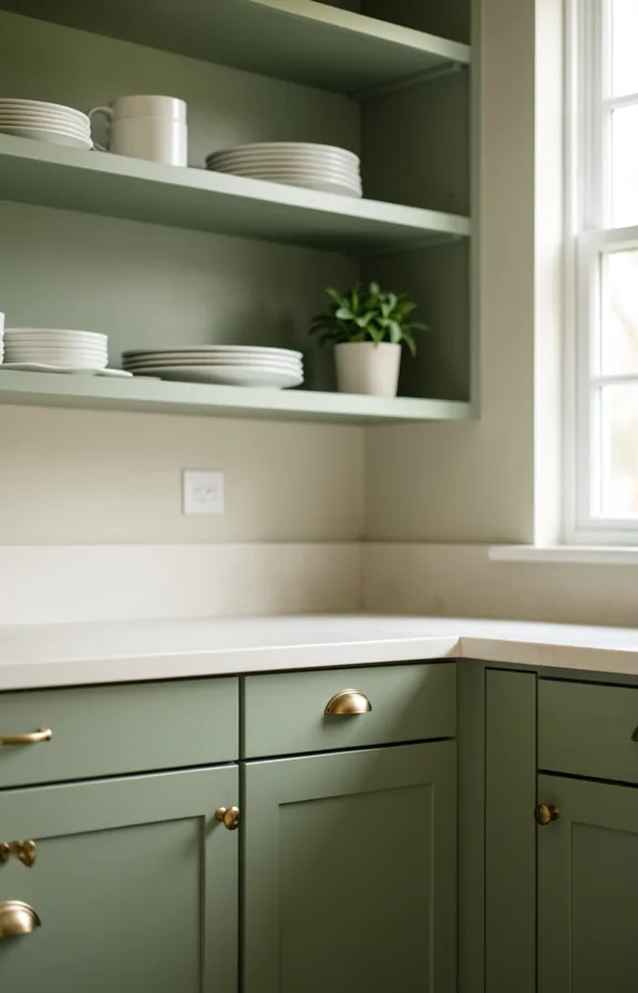 Kitchen cabinetry and shelving at waist level painted in muted sage green