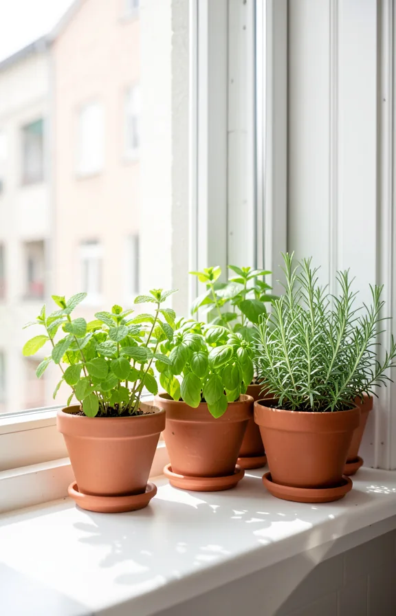 mint and basil and rosemary visible, soft diffused daylight