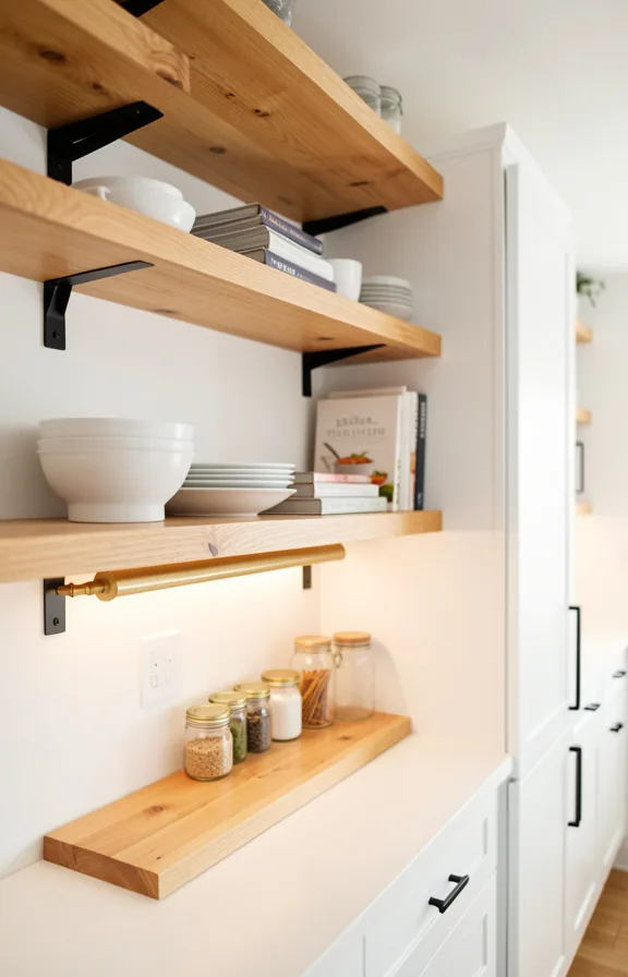 Waist-level shot of galley kitchen with natural wood floating shelves on white walls