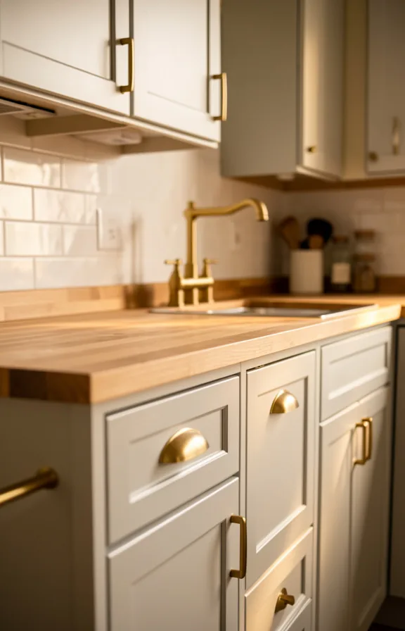 Chest-level view of kitchen cabinetry and counter with warm brass cabinet handles and drawer pull