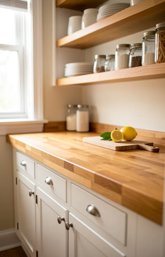 Angled view of small kitchen counter workspace with thick butcher block countertop in warm honey