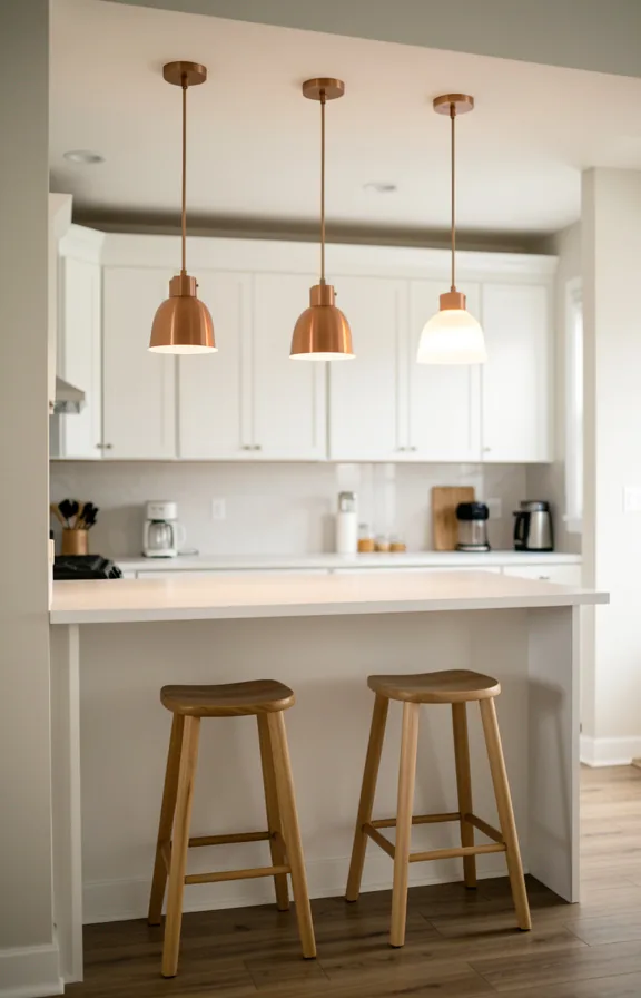 brushed brass or warm copper fixture bases, frosted glass shades